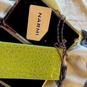 Narmi textured lime green chain animal textured  purse and check cover set